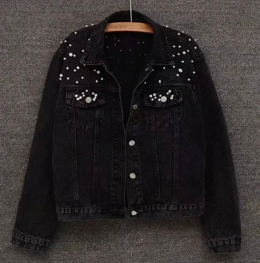 Black Beaded Pearl Denim Jacket